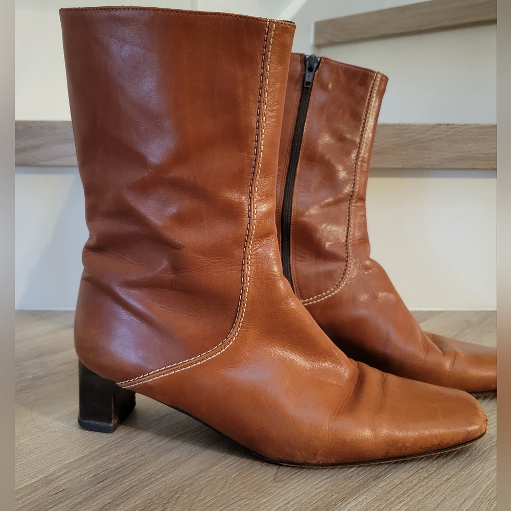 Vtg Cole Haan Women's 7.5 B Boots Brown Leather Heeled Country zip Classic